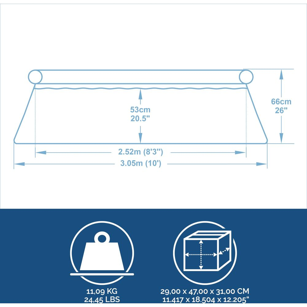 Schema eines Pools mit Maßen: Höhe 53cm/20.5", Gesamthöhe 66cm/26", Länge 2.52m/8'3"-3.05m/10'.