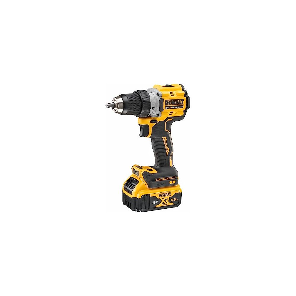 Un taladro inalámbrico Dewalt amarillo y negro con portabrocas y paquete de baterías.