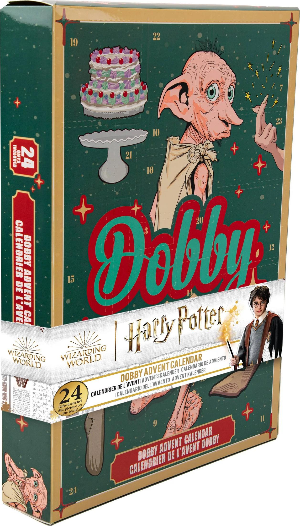 Calendario dell'avvento di Dobby di Harry Potter con 24 porte, torta e Harry.