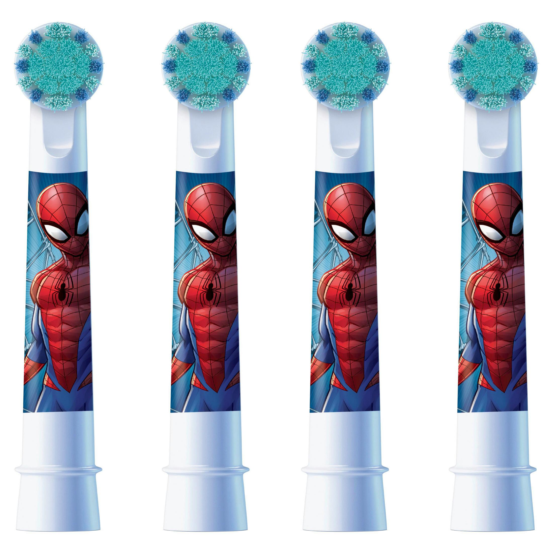 Vier Spiderman-Zahnbürstenköpfe mit blauen und türkisfarbenen Borsten.