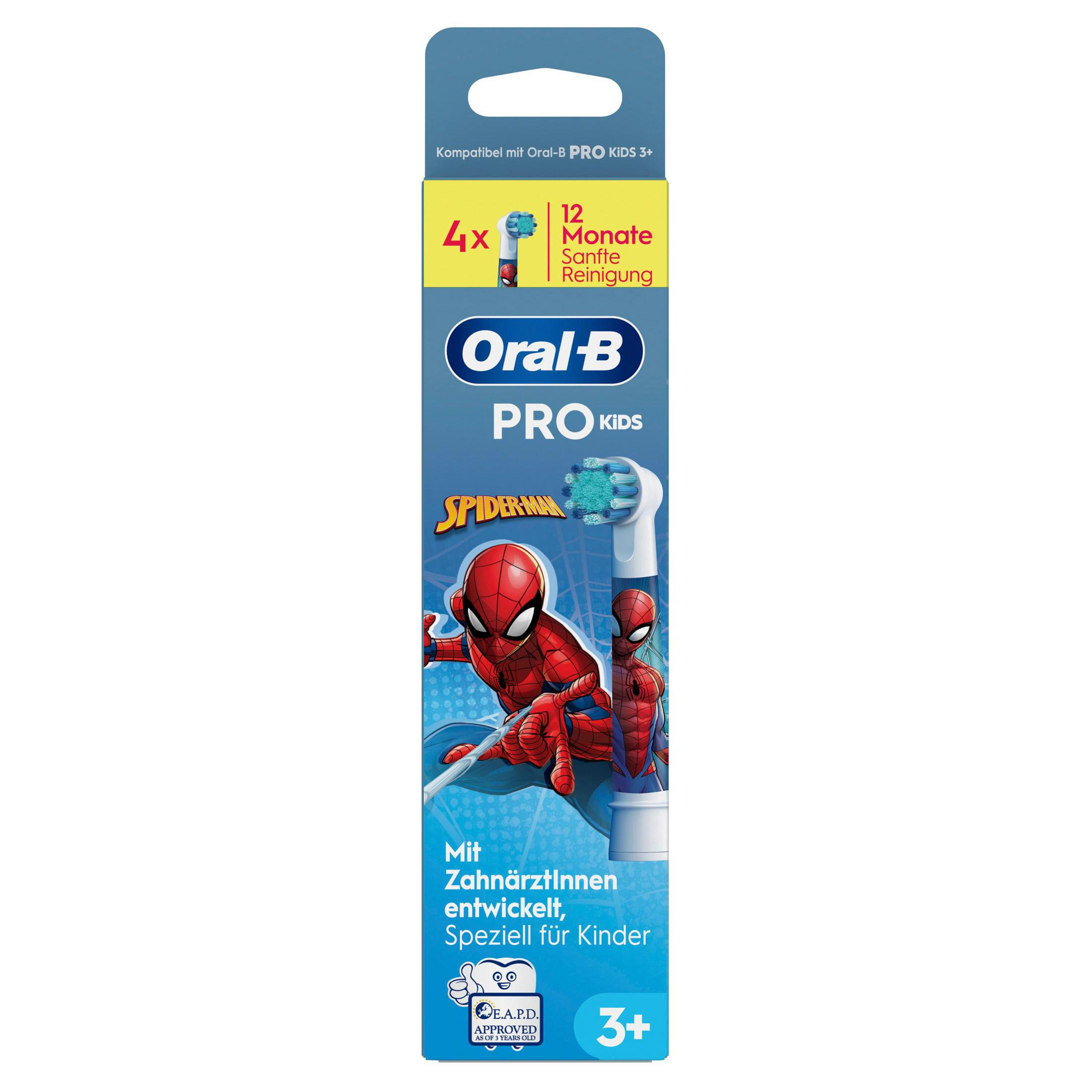 Oral-B Pro Kids Zahnbürstenkopfpackung mit Spiderman-Motiv, 4 Stück.