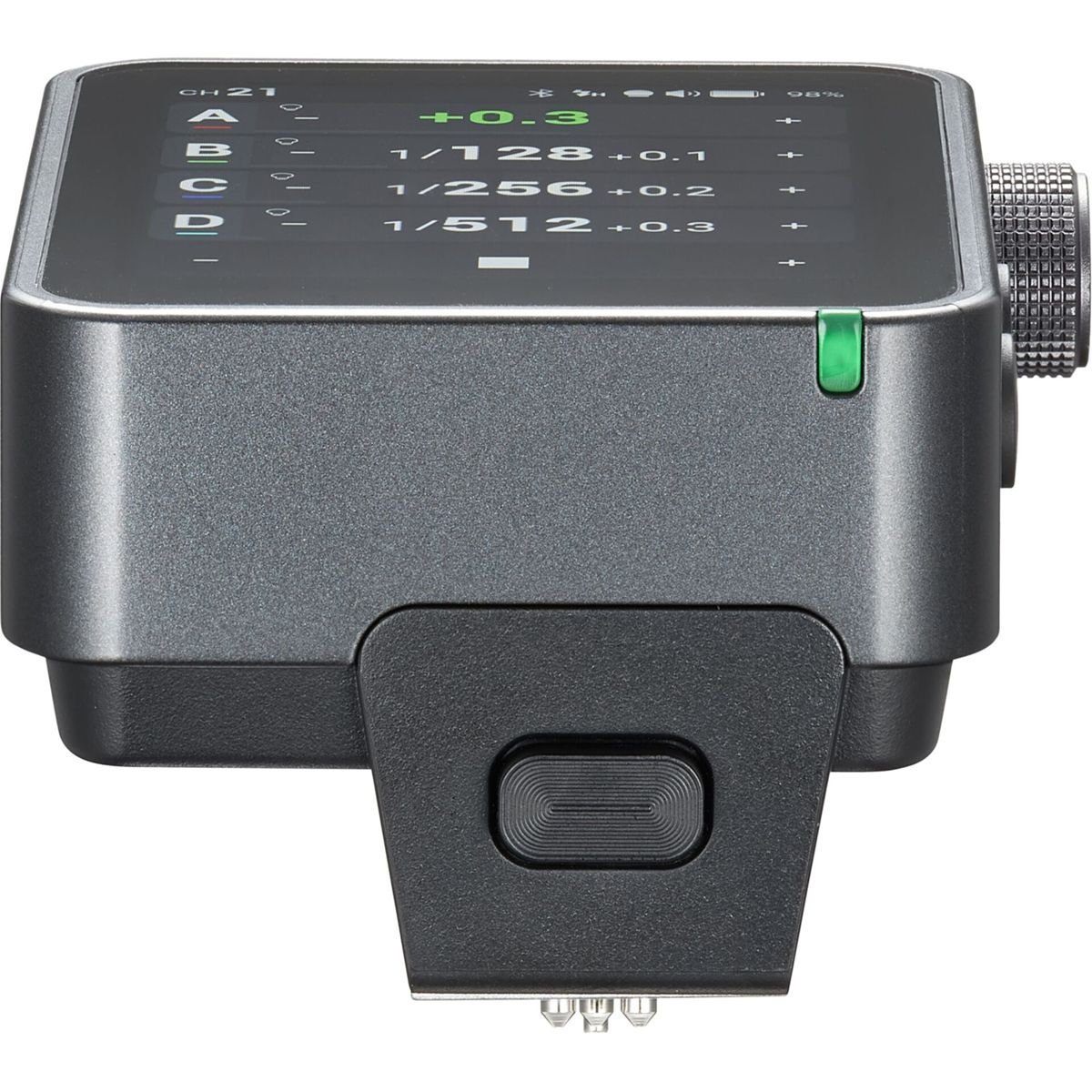 Gray electronic device with a screen showing channel 21 and flash settings.
