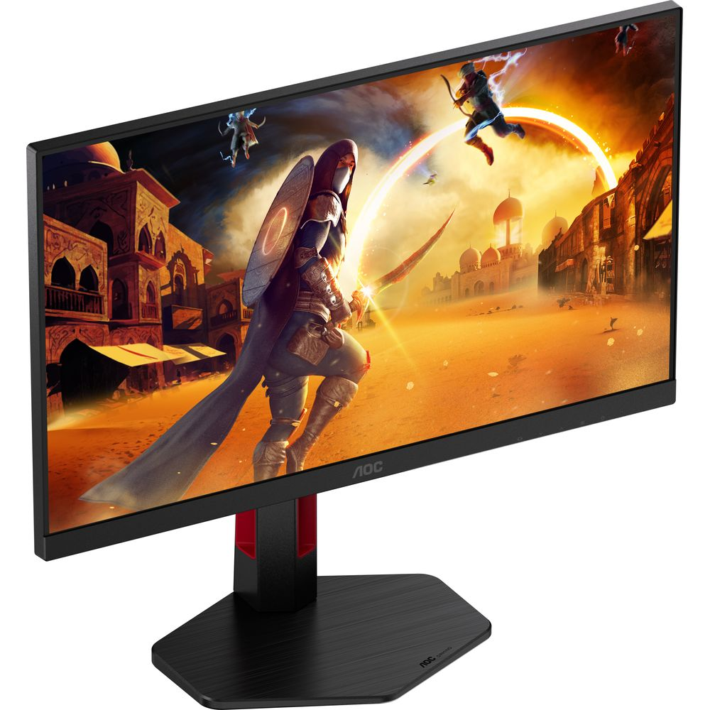 Monitor wyświetla scenę bitwy fantasy z wojownikami i zamkami.
