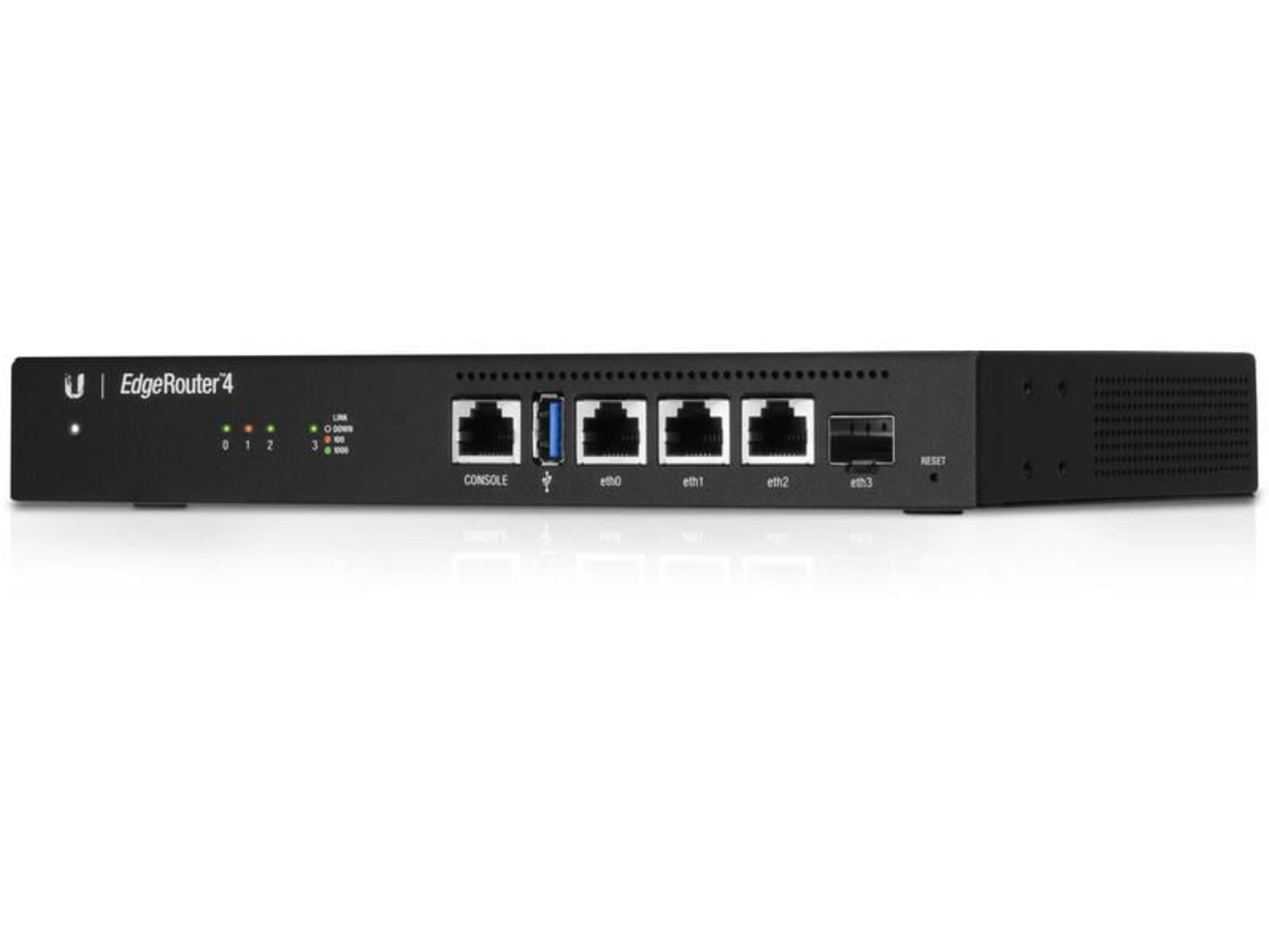 Router nero con porte: console, USB, 4x Eth, reset.