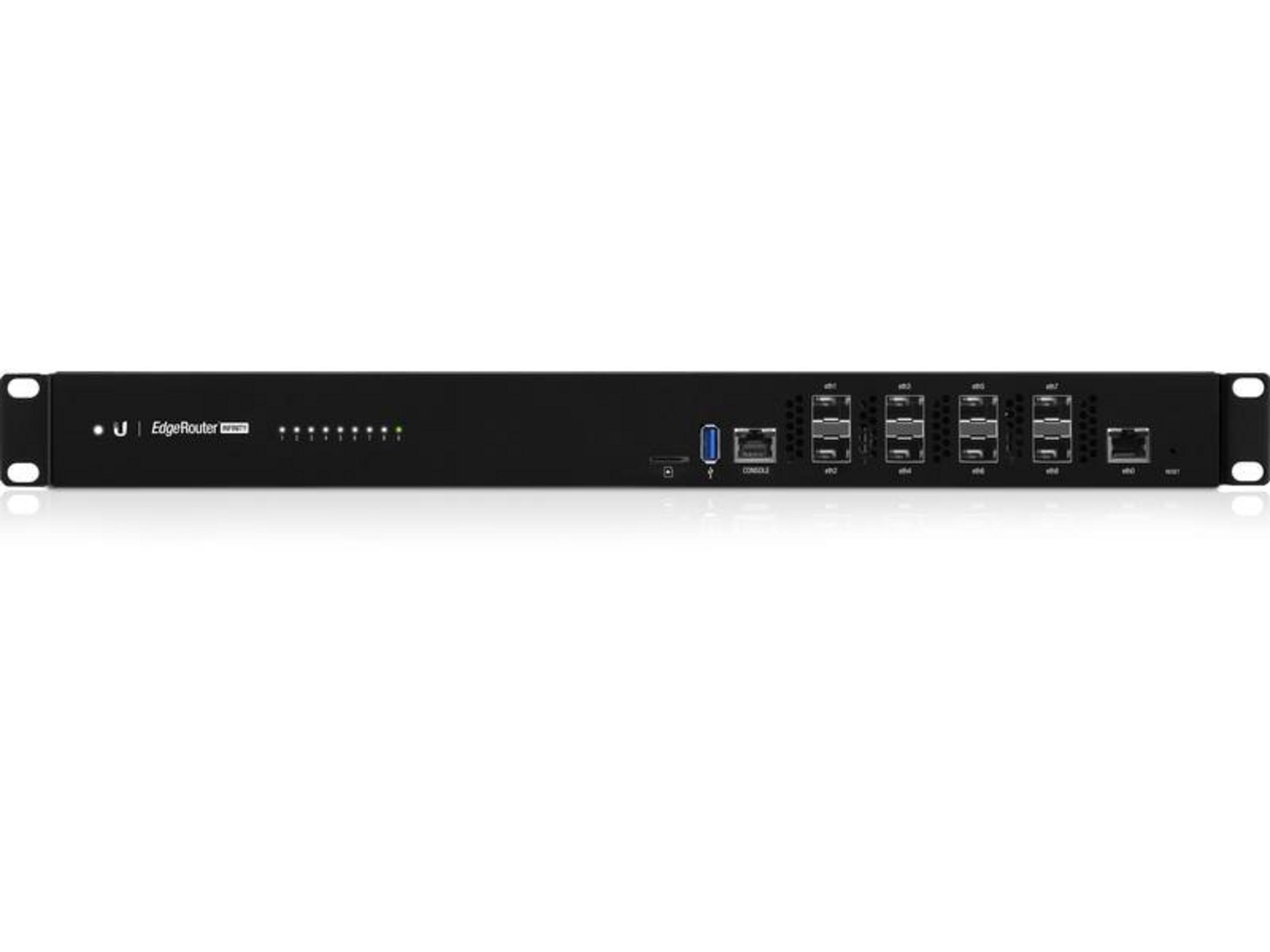 Router nero da rack con più porte e indicatori LED.