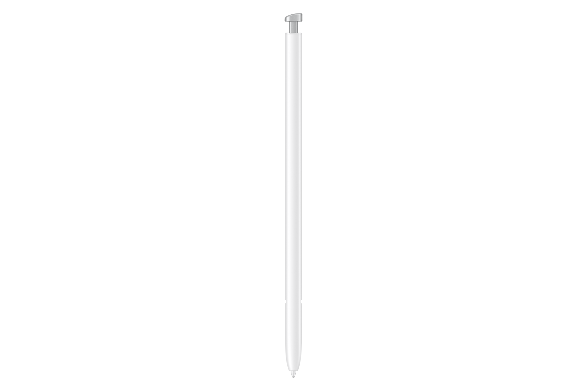 Ein weißer Stift mit einem silbernen Knopf oben, der vertikal auf schwarzem Hintergrund steht.