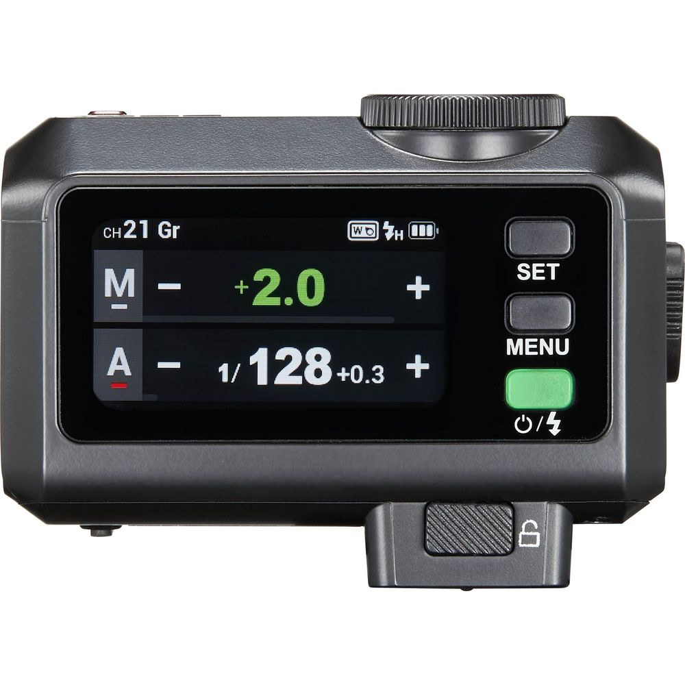 Déclencheur électronique gris avec écran LCD. Affiche CH21 Gr, M +2.0, A 1/128+0.3.