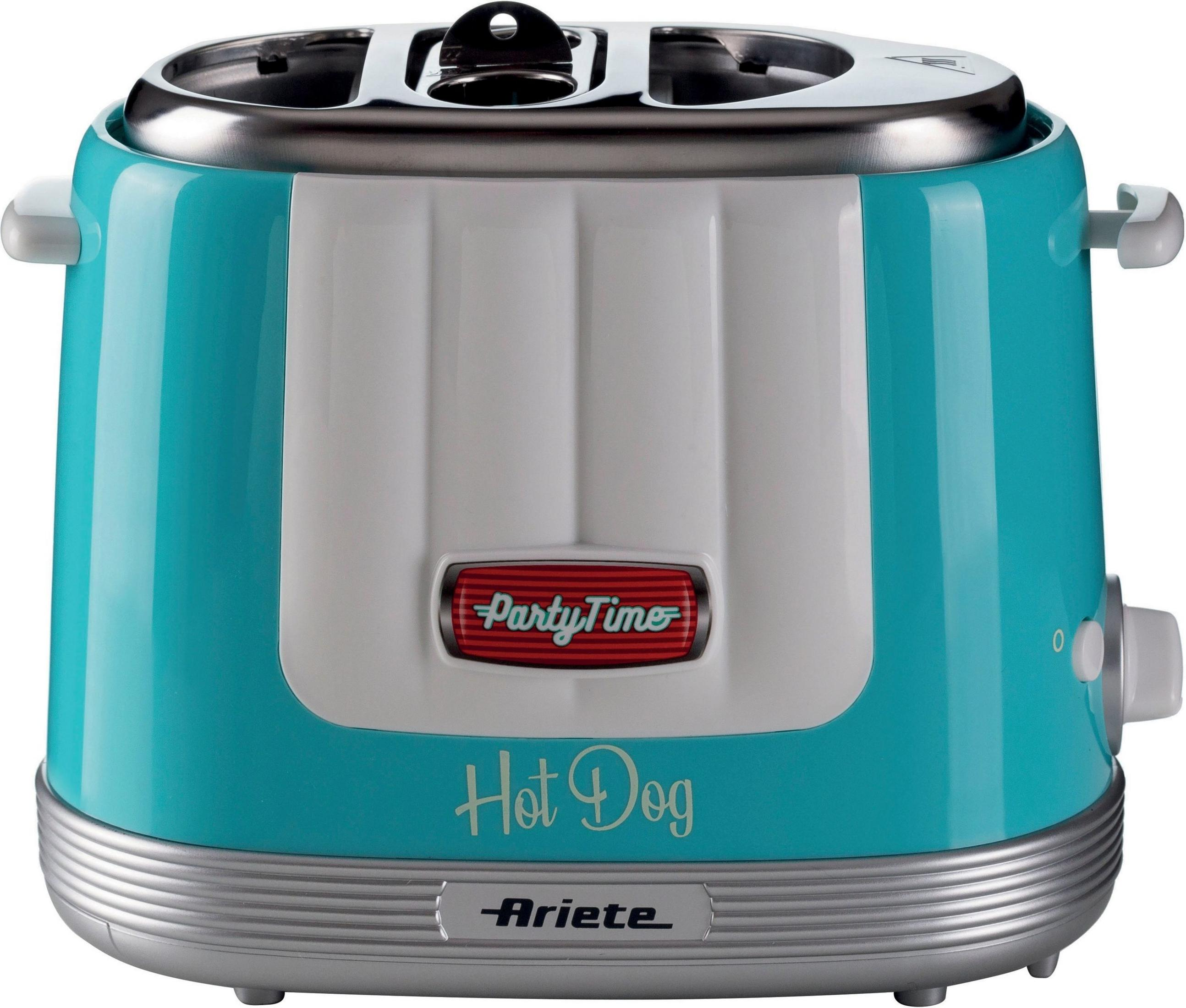 Een turquoise hotdog-toaster met chroomaccenten en witte details.