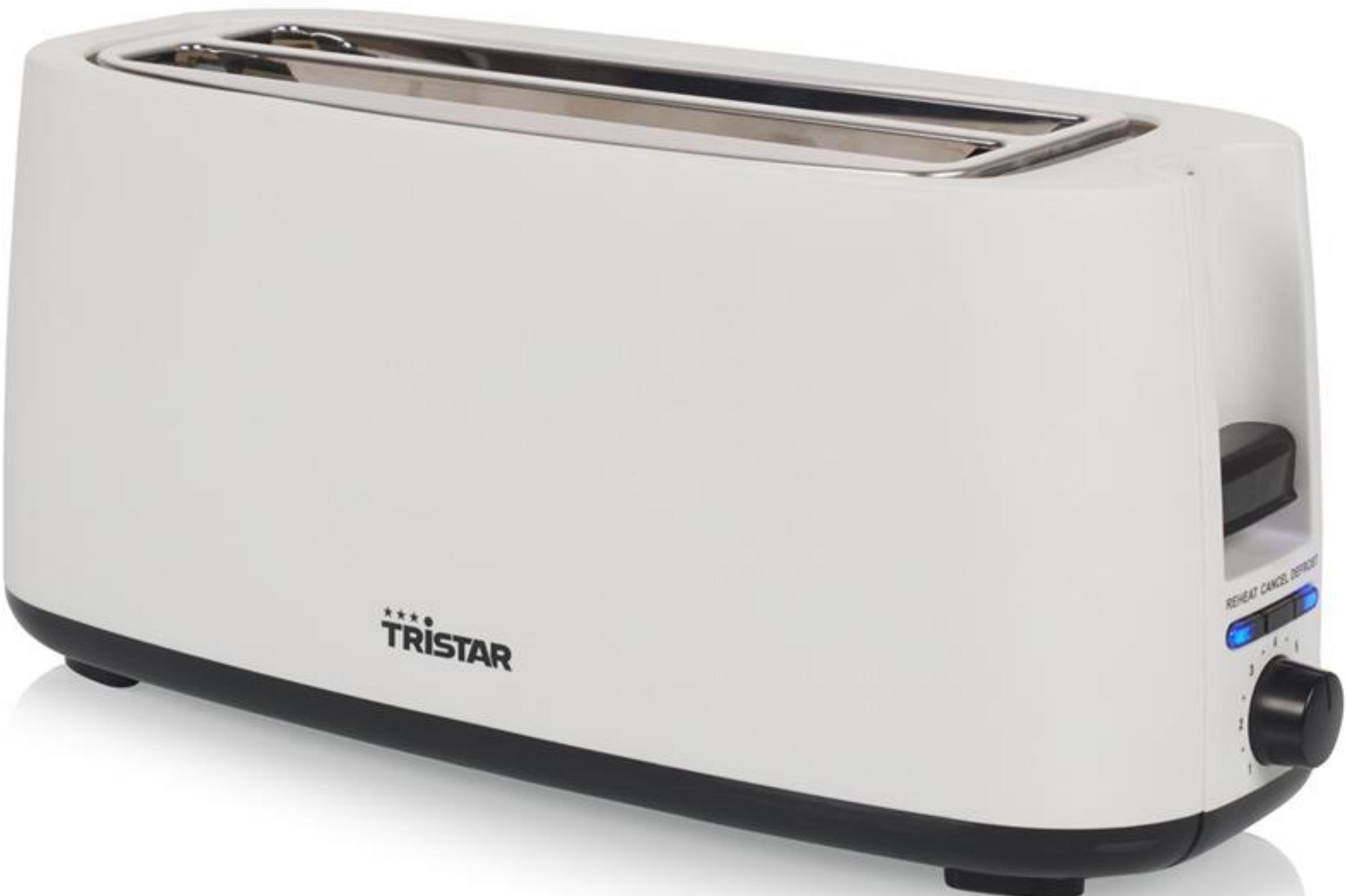 Biały toster dwuszczelinowy ze szczelinami ze stali nierdzewnej.