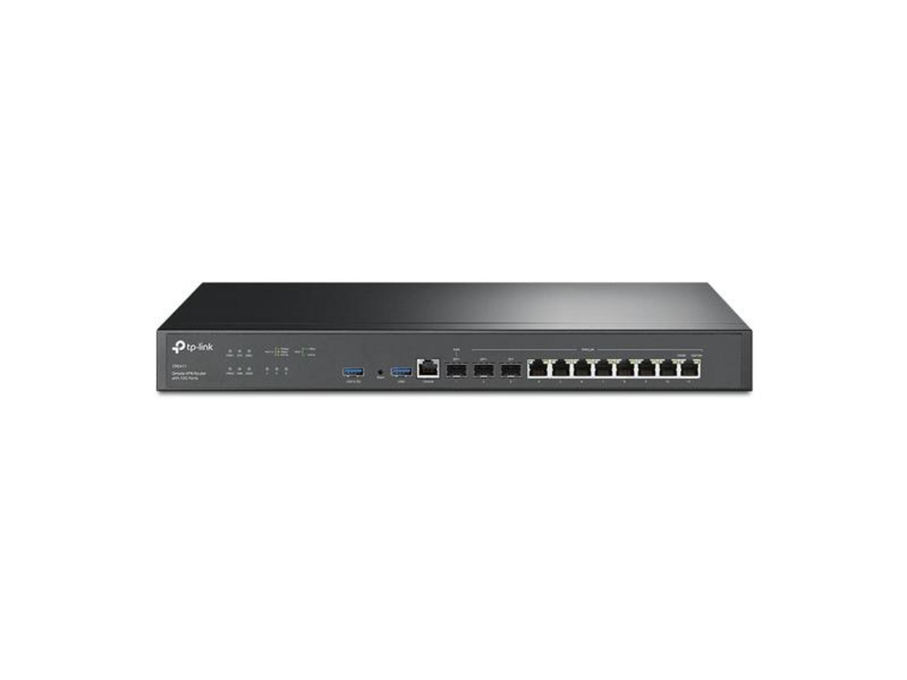 Un router VPN TP-Link negro con múltiples puertos Ethernet y USB en su panel frontal.
