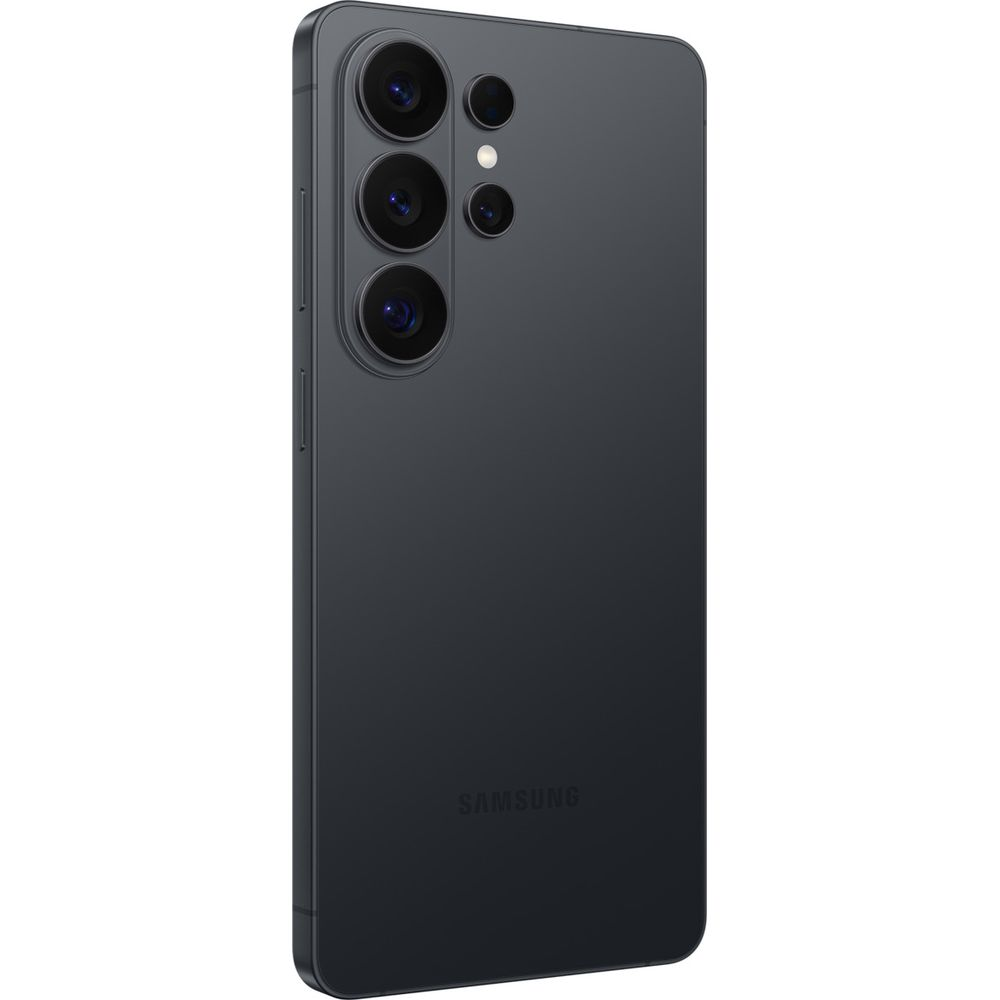 Dunkelgraues Smartphone mit vier Kameralinsen und Blitz auf der Rückseite.