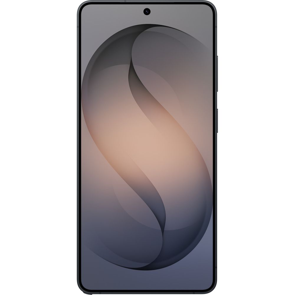 Ein schwarzes Smartphone mit einem abstrakten, grauen und orangefarbenen Hintergrundbild.