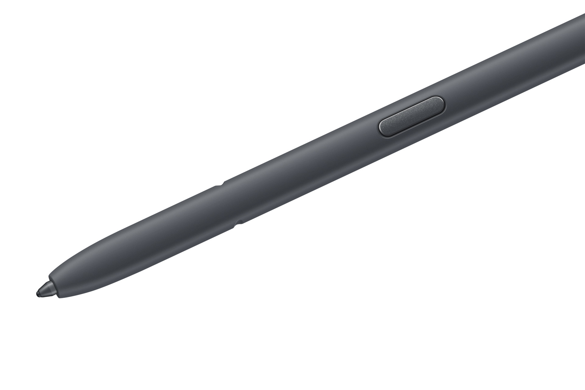 Ein grauer Eingabestift mit einem Knopf, auf schwarzem Hintergrund.