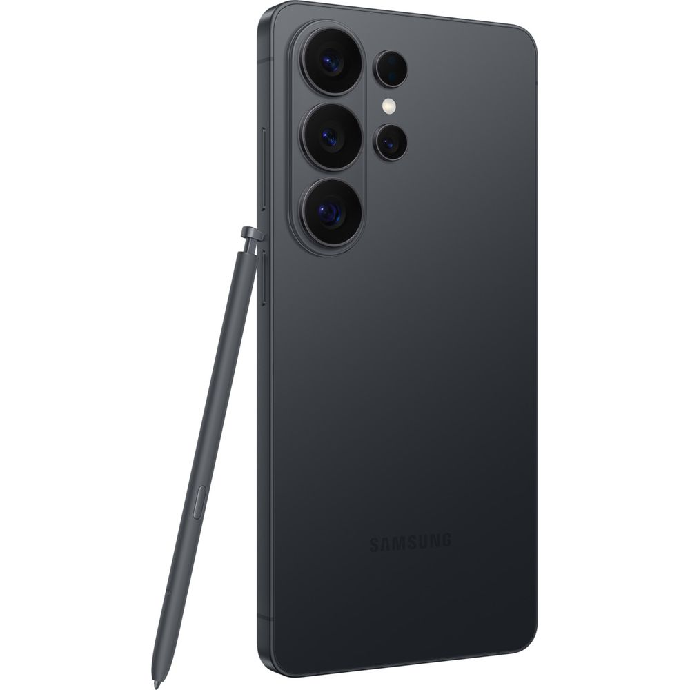 Dunkelgraues Smartphone mit drei Kameras und Stift, Samsung-Logo auf Rückseite.