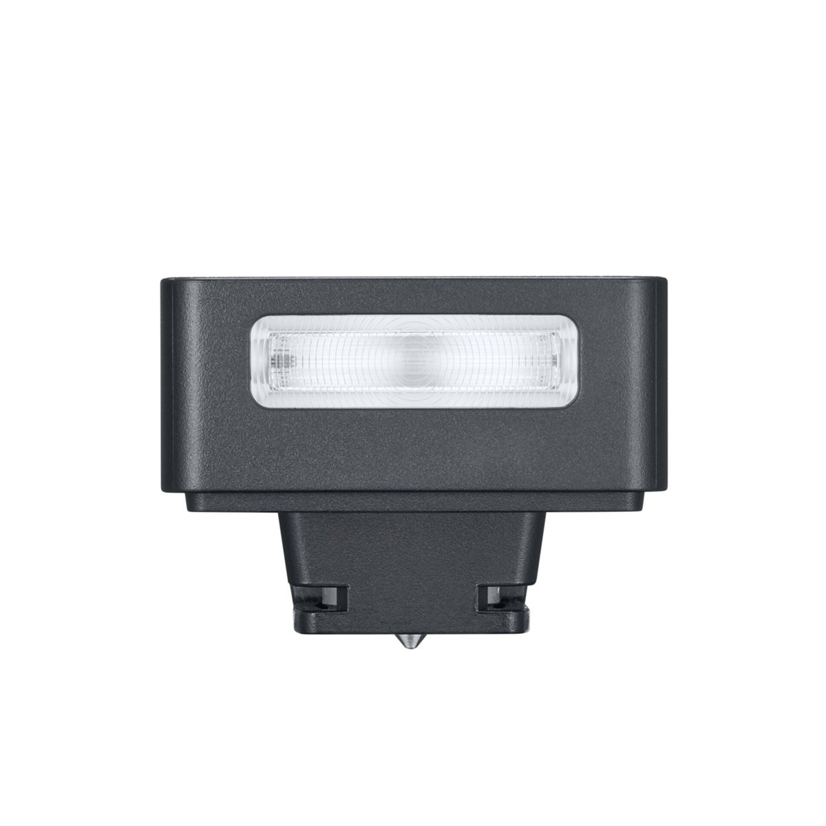 A black camera flash unit with a rectangular light reflector.