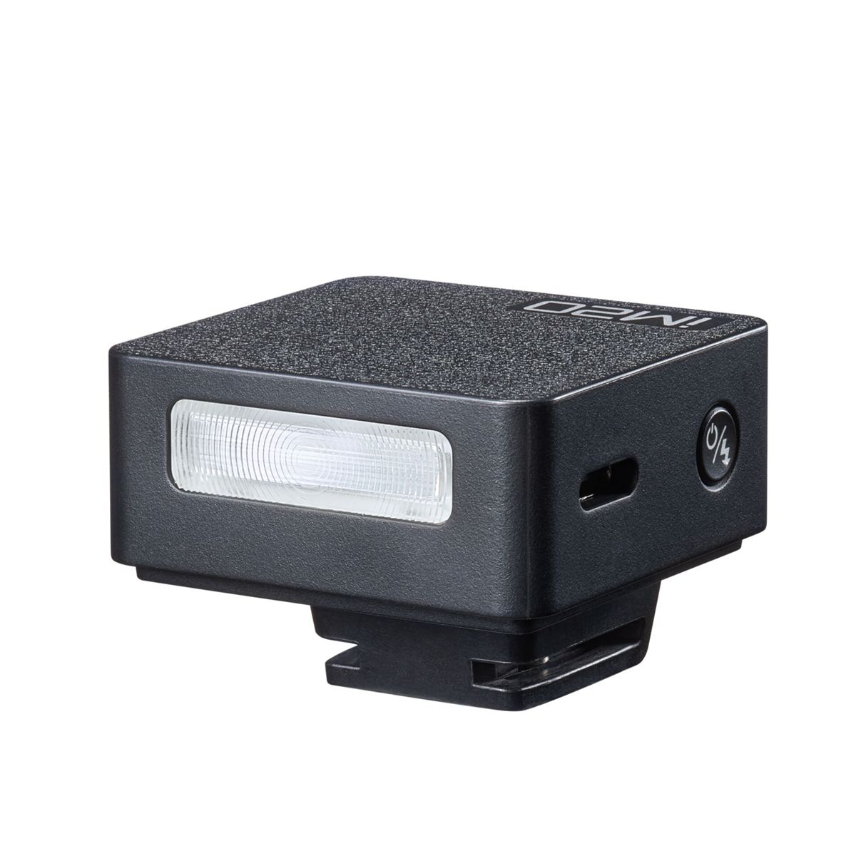 A small black flash unit with a white light window and a flash symbol.