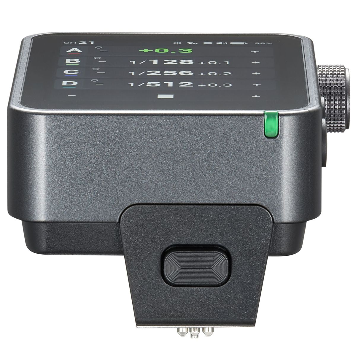Gray electronic device with LCD screen displaying settings.