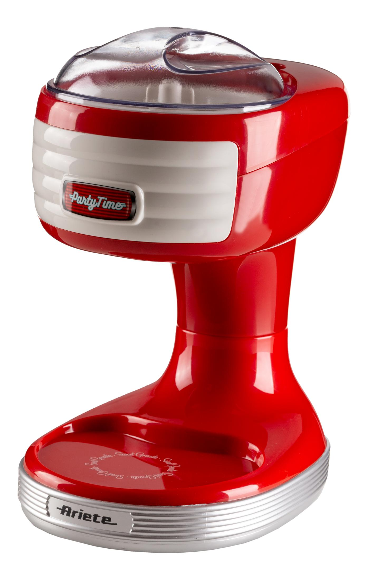 Gelatiera rossa con coperchio trasparente e accenti bianchi. Marca Ariete.