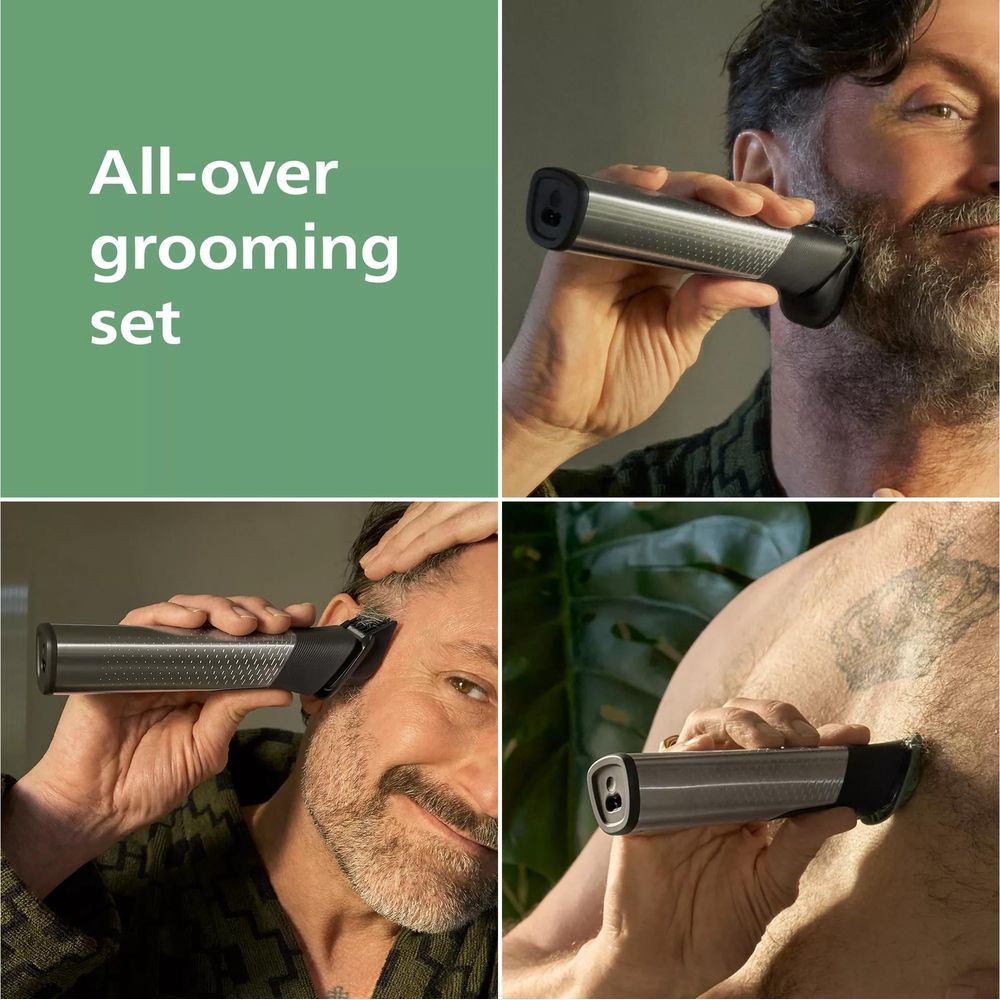 Mann benutzt Trimmer für Bart, Kopf und Brust. "All-over Grooming Set".