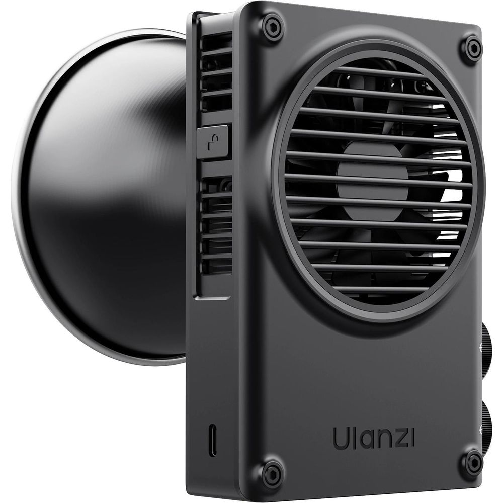 Czarny wentylator Ulanzi z otworami wentylacyjnymi i okrągłym mocowaniem.