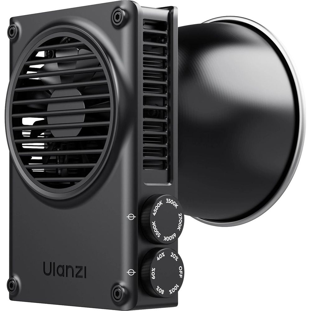 Czarny dodatek do lampy LED Ulanzi z wentylatorem i pokrętłami regulacji temperatury i jasności.