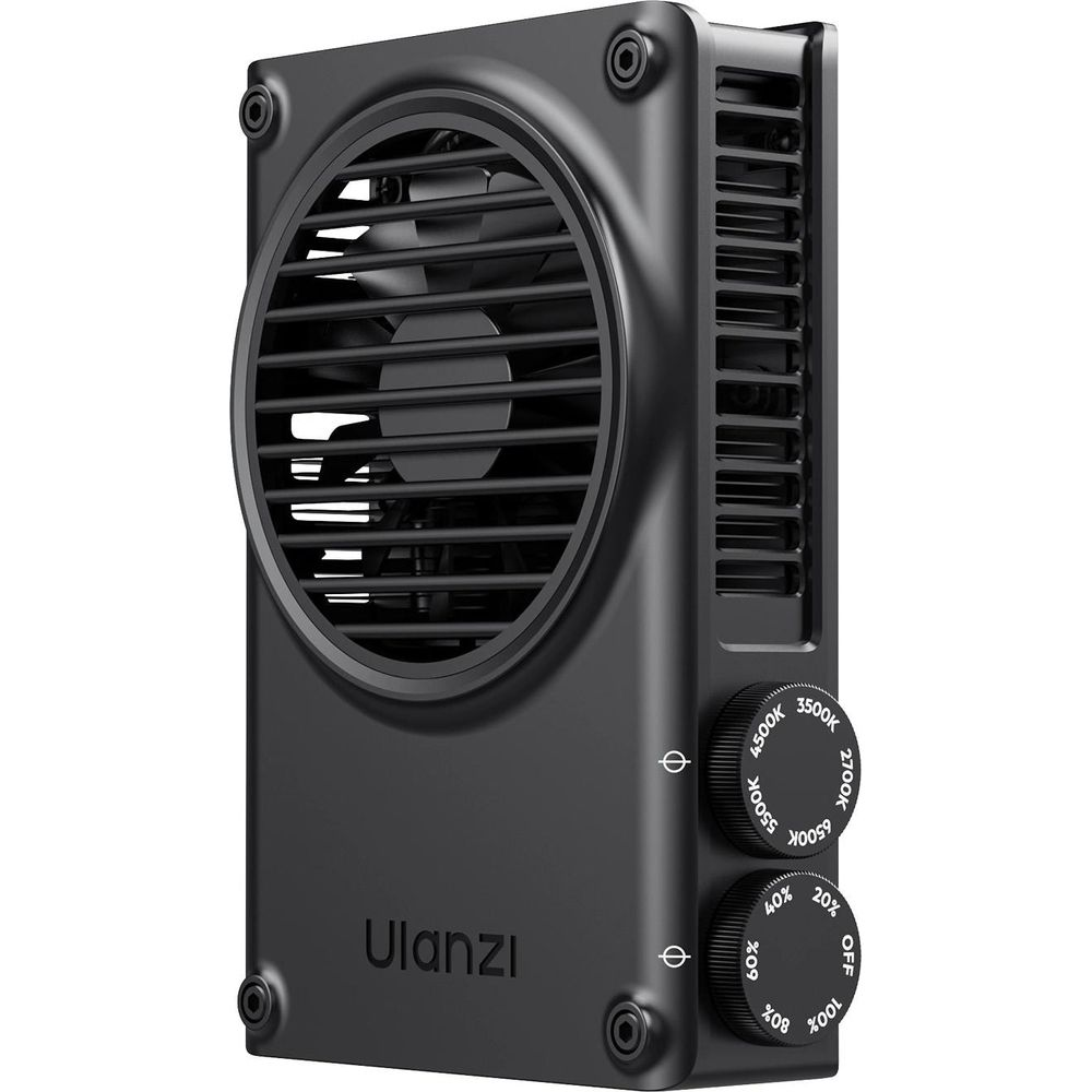Czarna jednostka wentylatora Ulanzi z wentylatorem i pokrętłami Kelvina i procentów.