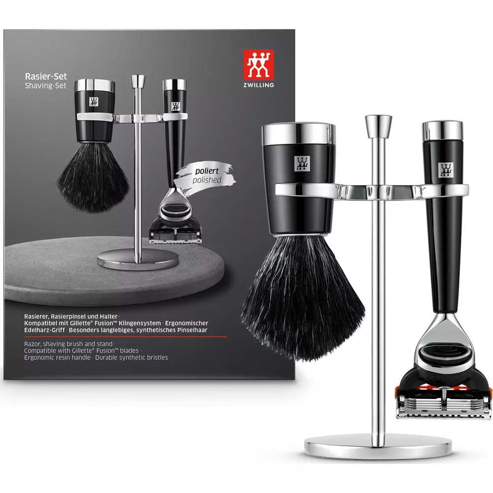 Un set da barba lucido con rasoio, pennello e supporto ZWILLING.