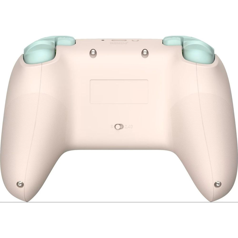 Tył jasnobeżowego kontrolera z jasnoniebieskimi akcentami.