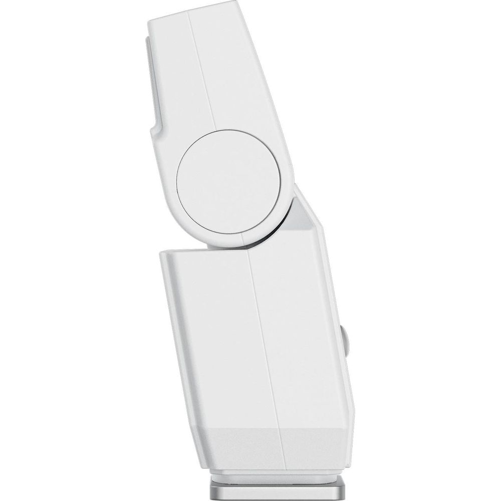 Biały flesz aparatu z obrotową głowicą na białym tle.