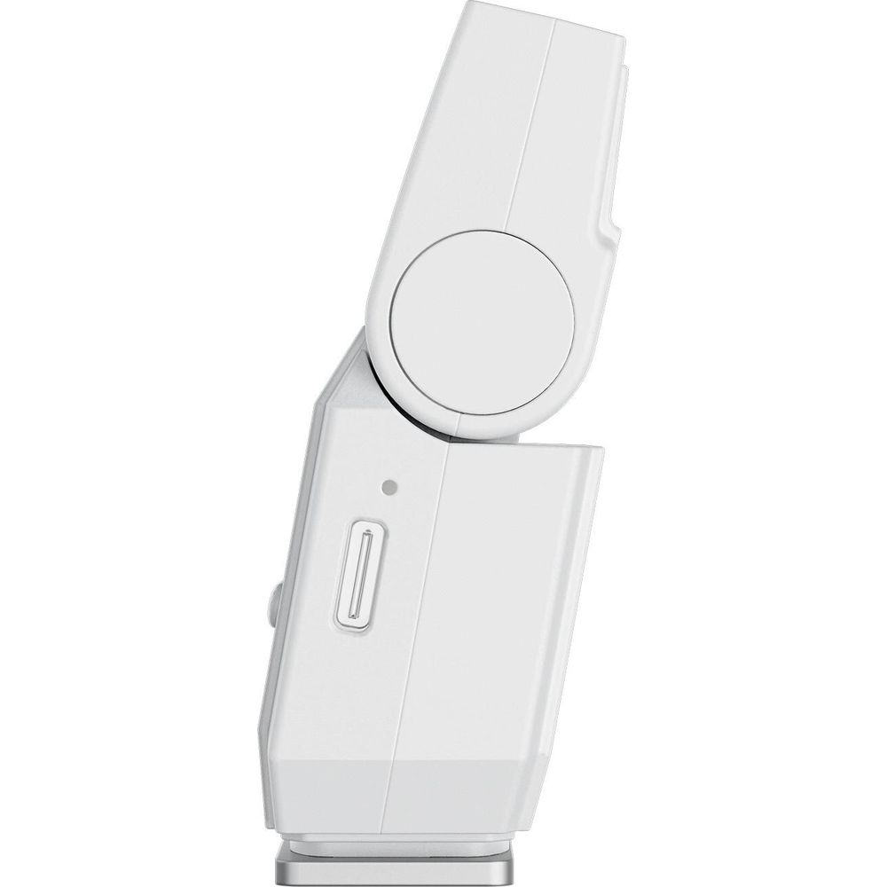 Biała głowica lampy błyskowej aparatu z regulowanym przegubem, na białym tle.