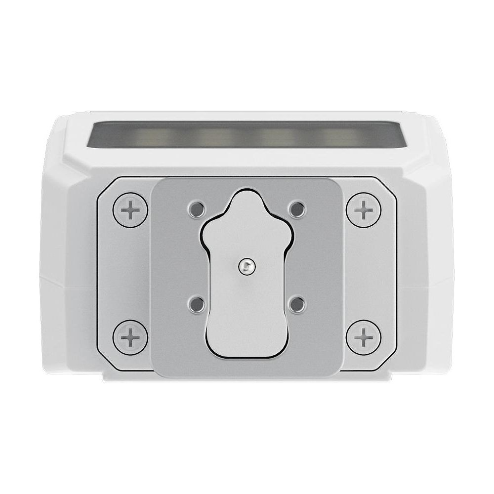 Białe urządzenie ze srebrną płytą montażową i czterema śrubami krzyżakowymi.