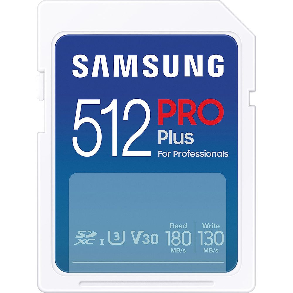 Karta SD Samsung 512GB PRO Plus z prędkością odczytu/zapisu 180/130 MB/s.