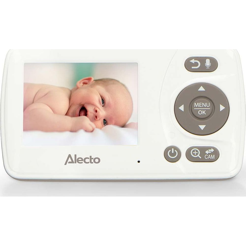 A white baby monitor displays a smiling baby on screen. Controls are on the right.