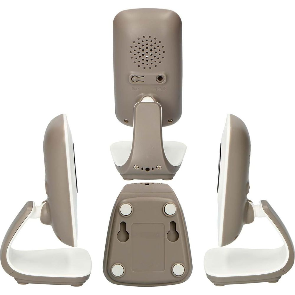 Multiple views of a gray baby monitor with stand, speaker, and ports.