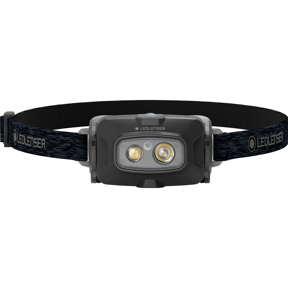Lampe frontale noire avec deux lumières et logo LEDLENSER sur le bandeau.