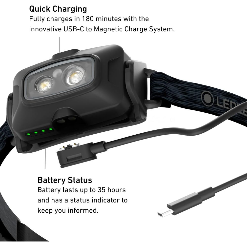Lampe frontale noire avec câble de chargement USB-C et indicateur de batterie.