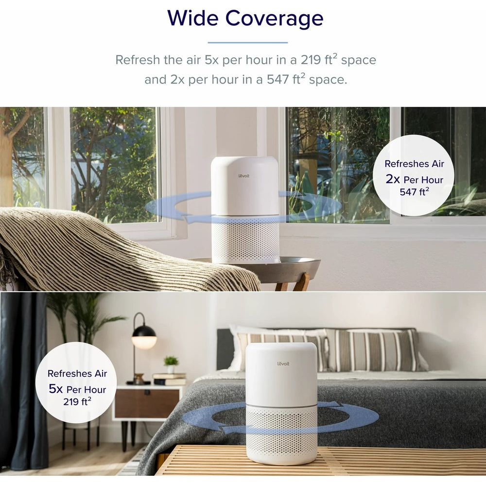 Oczyszczacz powietrza w salonie i sypialni, z niebieskimi wskaźnikami przepływu.