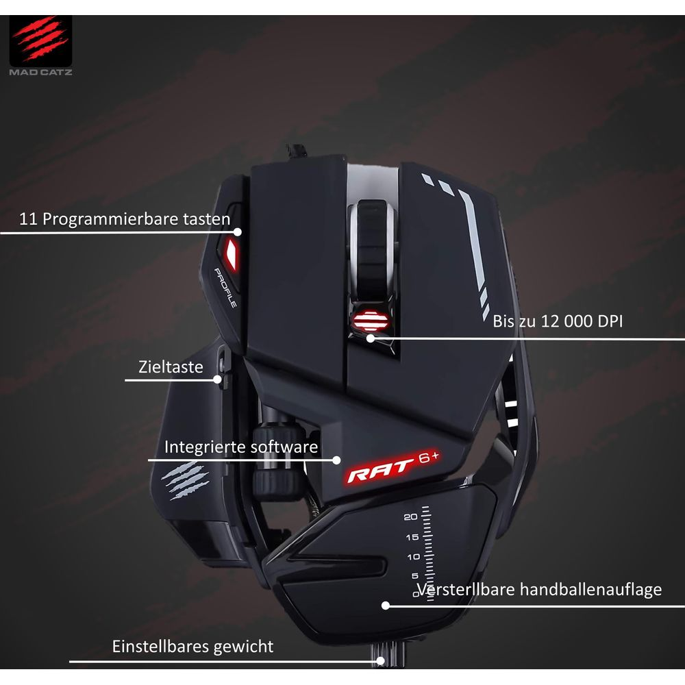 Czarna mysz gamingowa z 11 programowalnymi przyciskami, 12000 DPI i regulowaną wagą.