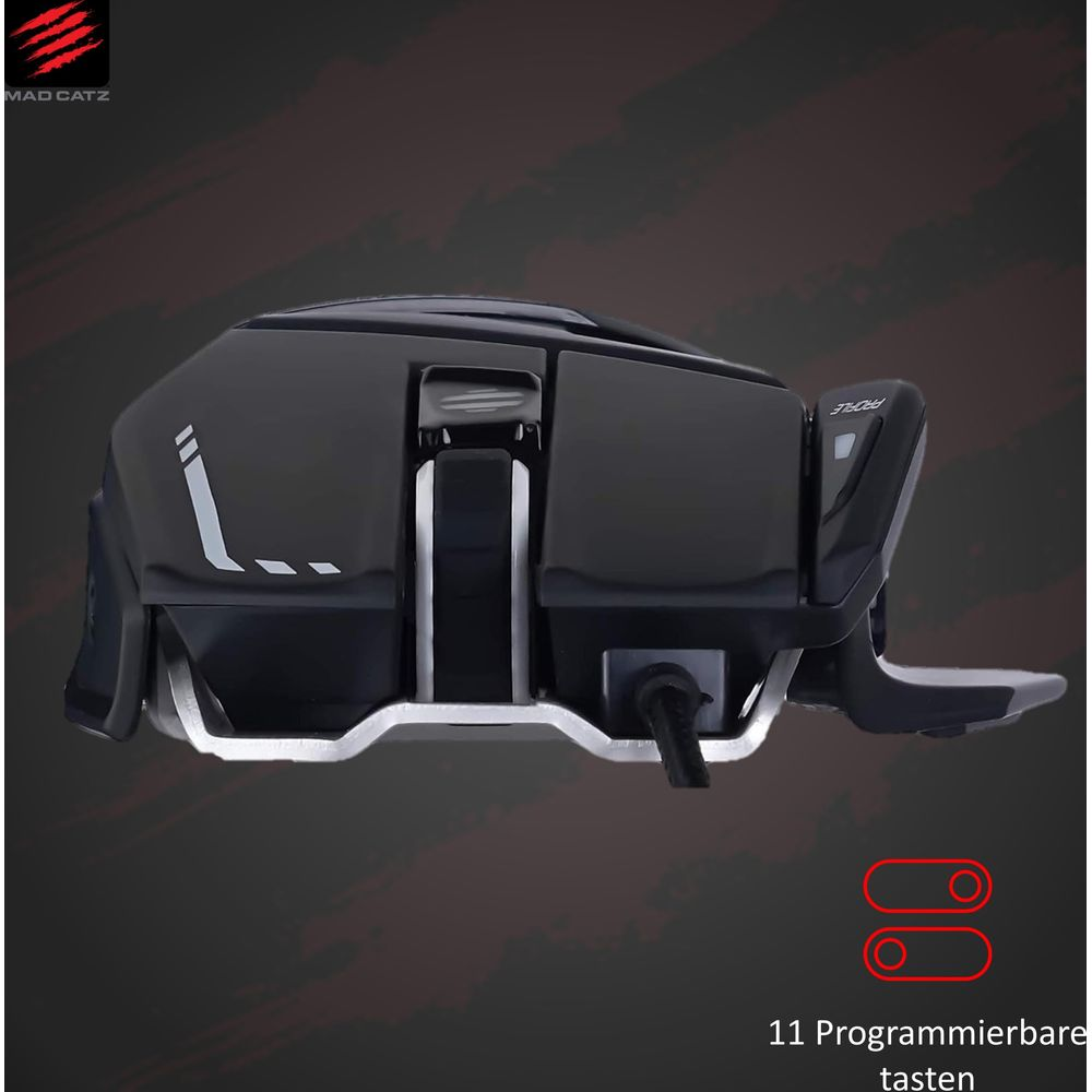 Czarna mysz gamingowa Mad Catz z srebrnymi akcentami i wskaźnikiem profilu.