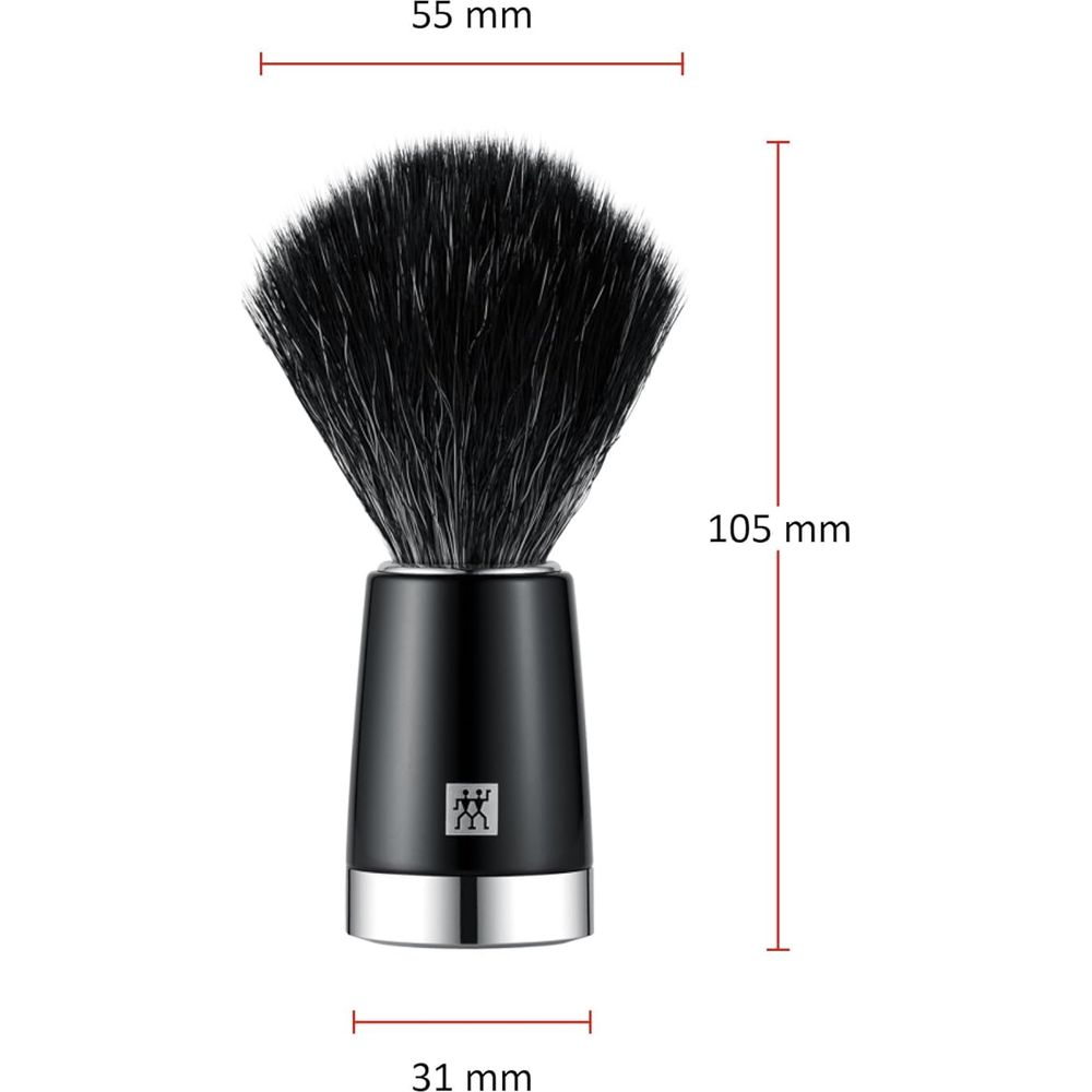 Pennello da barba nero con finiture argentate e logo, alto 105 mm.
