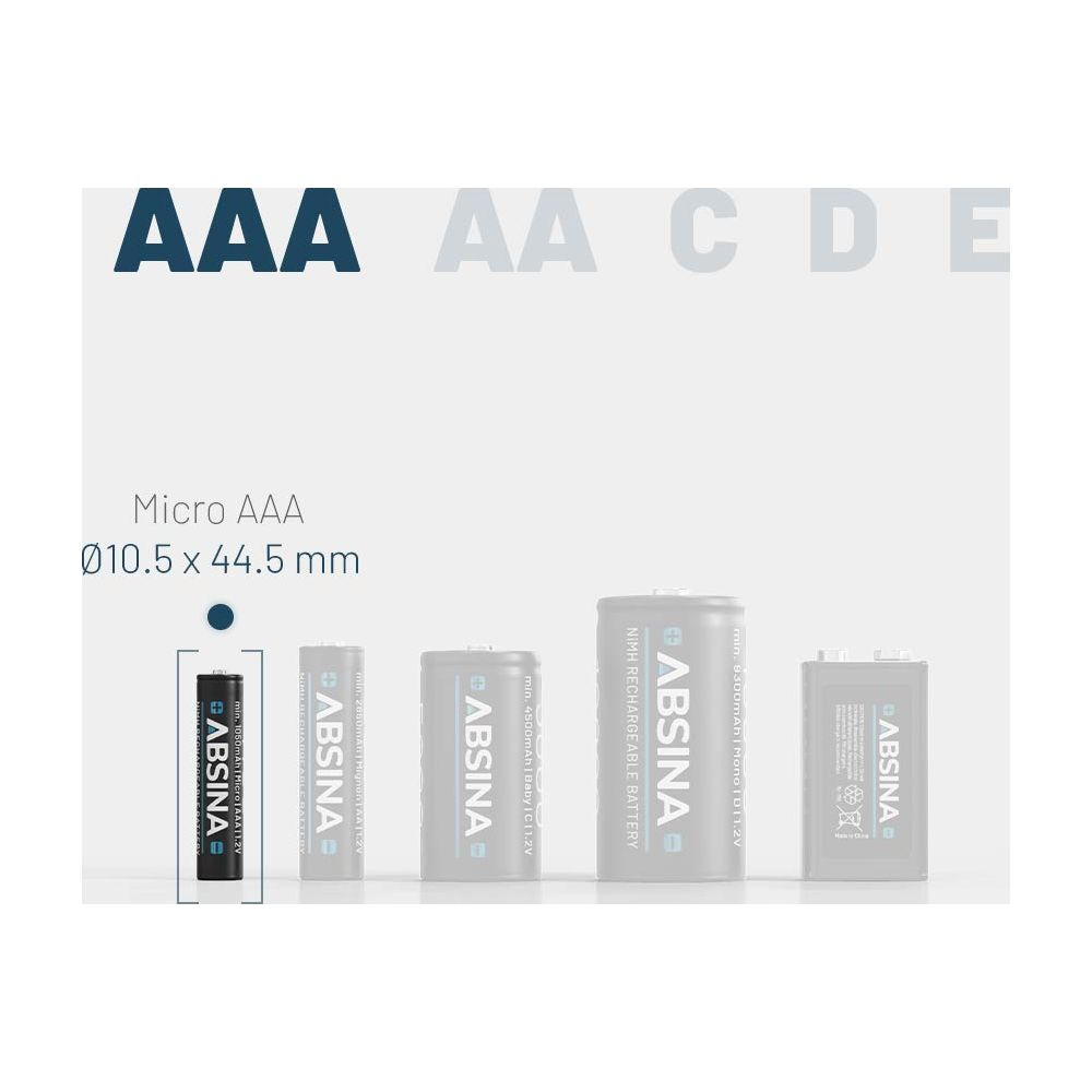 Verschiedene ABSINA-Batterien, von AAA bis D, mit Größenangaben.
