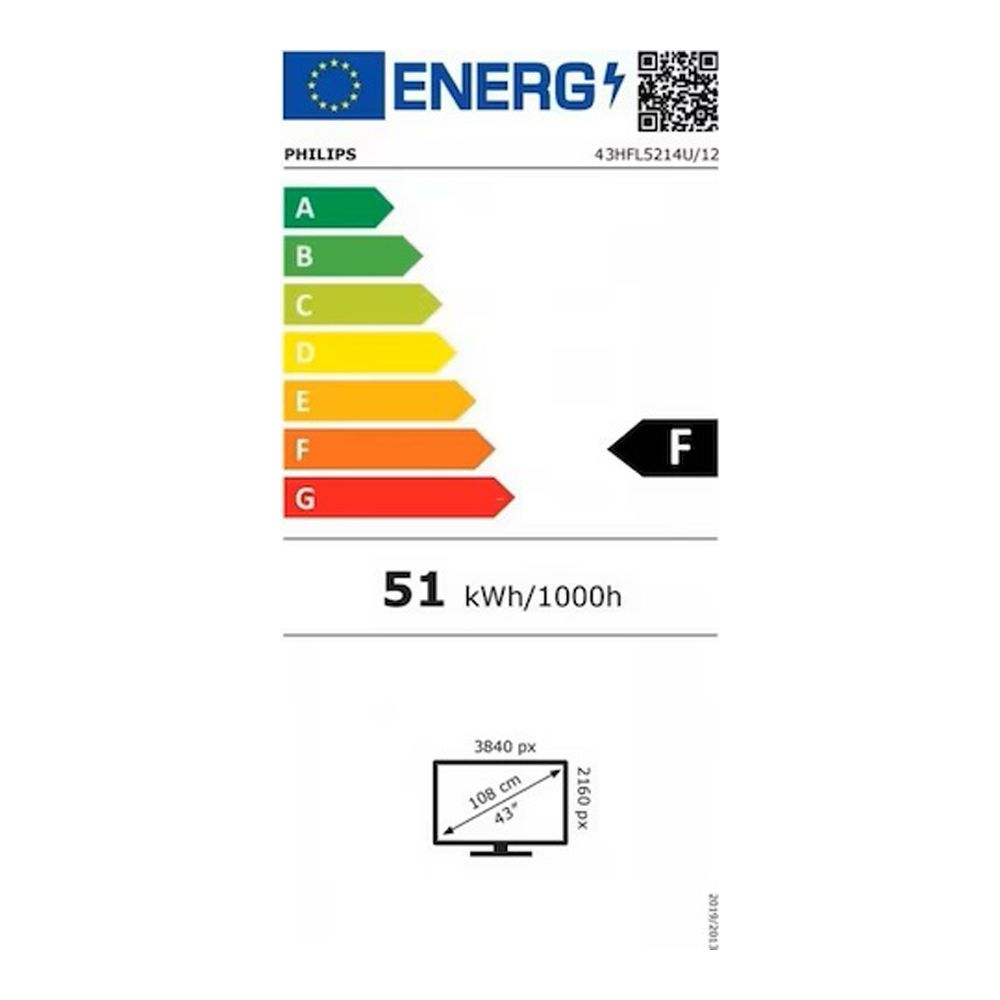 Etykieta energetyczna TV Philips: Klasa F, 51 kWh/1000h, 43 cale, 4K.