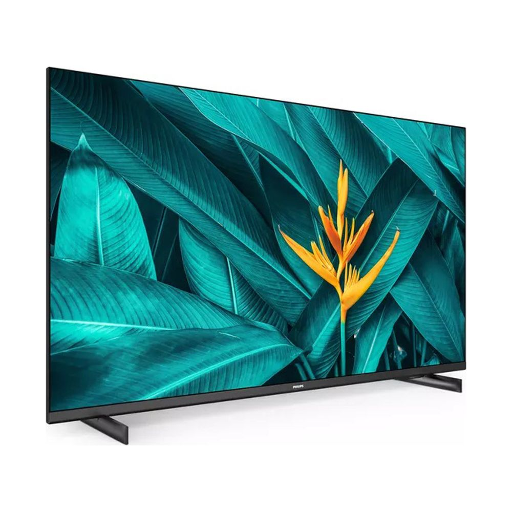 Nowoczesny telewizor wyświetlający wzór tropikalnych liści z żółtym kwiatem na ekranie.