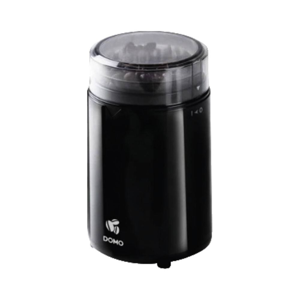 Czarny elektryczny młynek do kawy z przezroczystą pokrywką i ziarnami kawy.