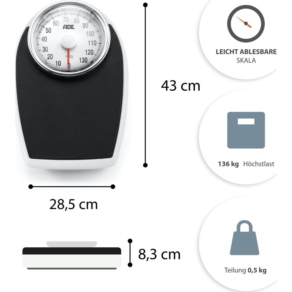 Biała waga łazienkowa z czarną powierzchnią i okrągłą tarczą.