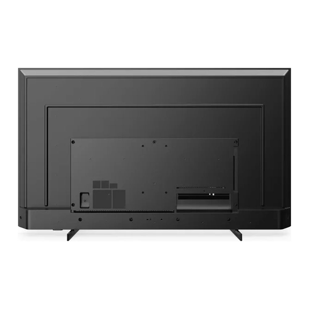 Widok z tyłu czarnego telewizora z płaskim ekranem, widoczne porty i podstawka.