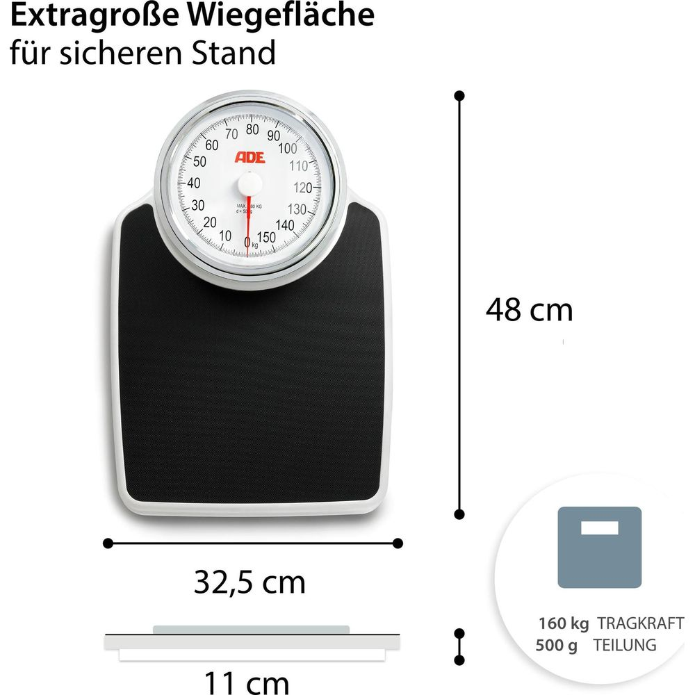 Eine schwarze Personenwaage mit weißem Rand und analoger Anzeige bis 150kg.