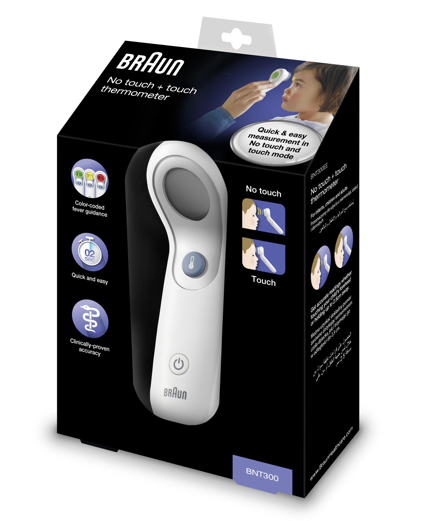Opakowanie termometru Braun z dzieckiem i cechami produktu.