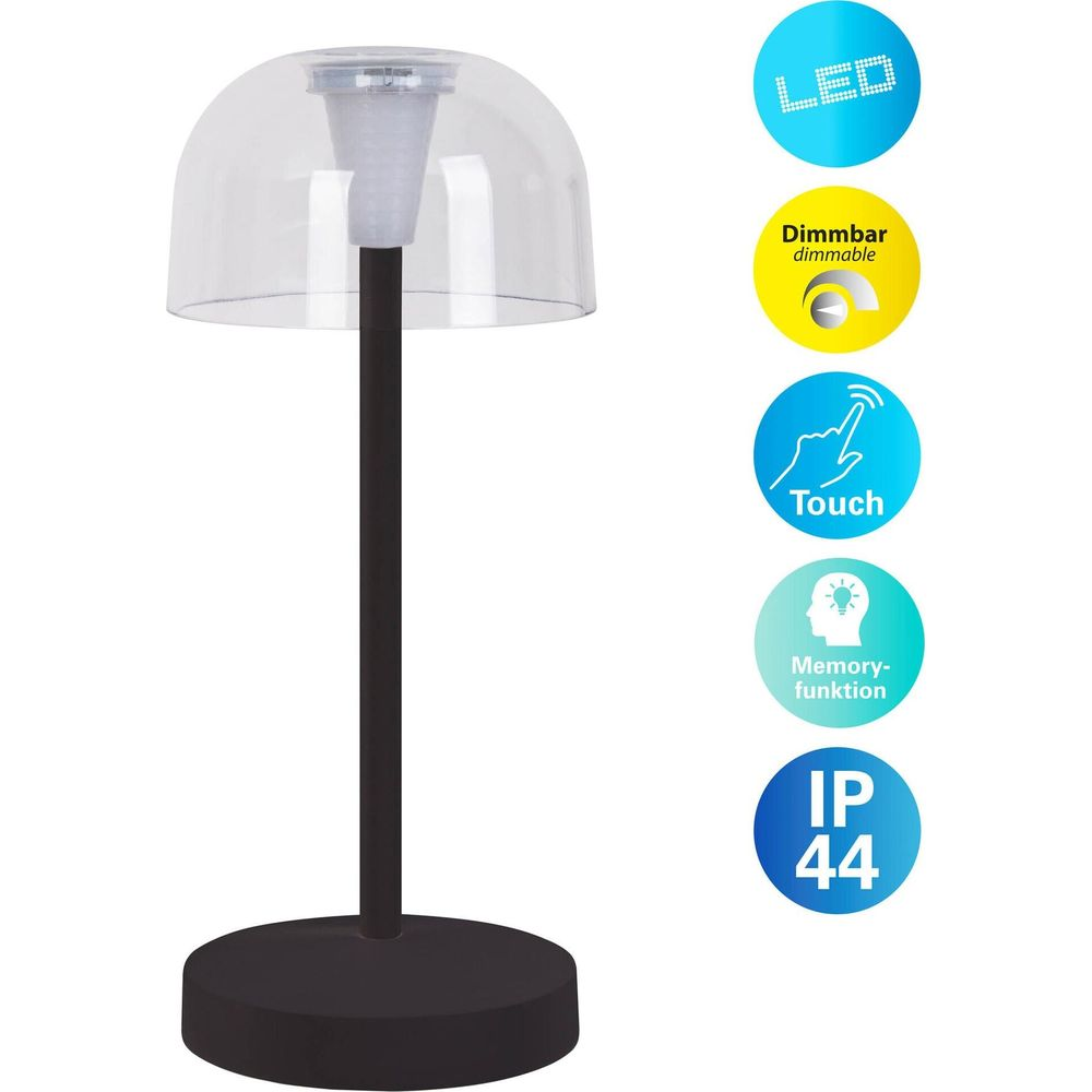 Lampada da tavolo LED nera con paralume trasparente, dimmerabile, touch, memoria.