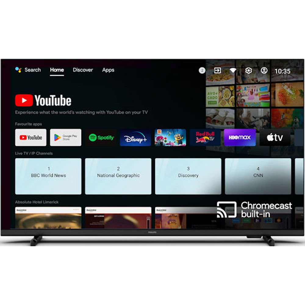Telewizor Philips wyświetla interfejs Smart TV z aplikacjami takimi jak YouTube, Spotify, Disney+, HBO Max.